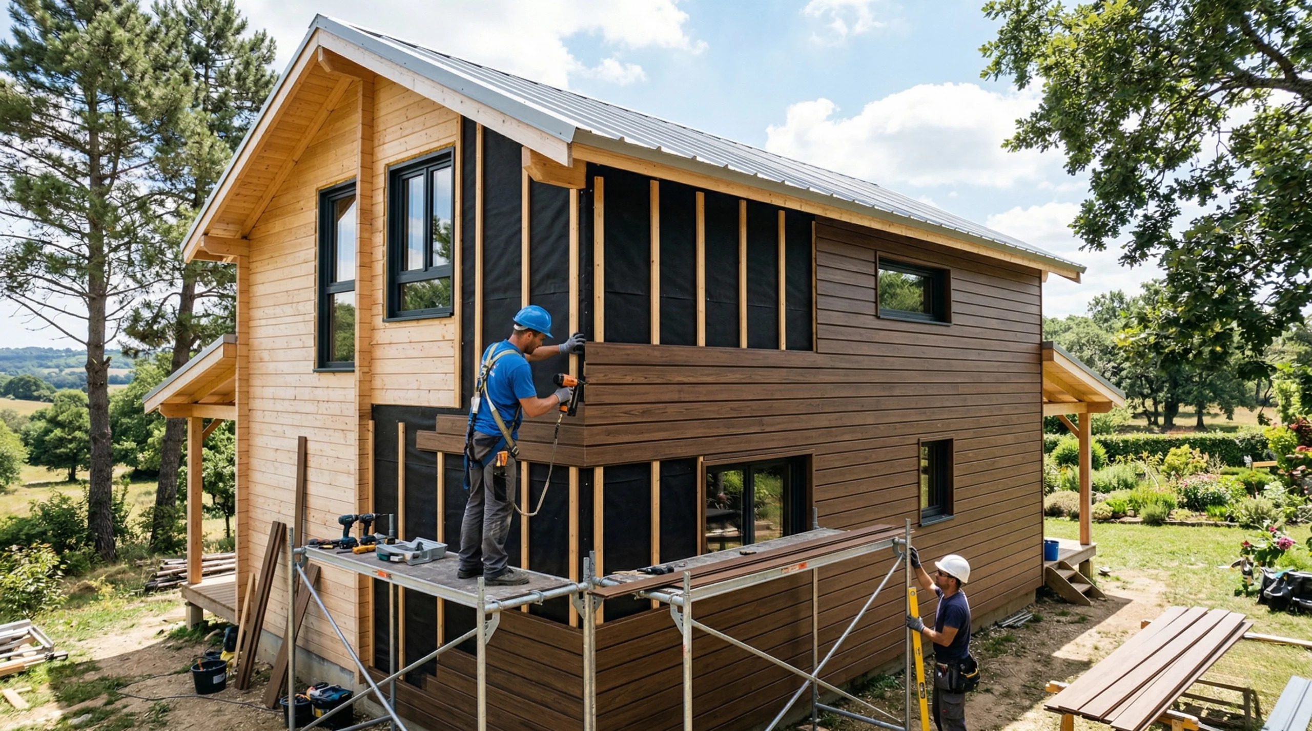 Carpinteros instalando paneles de madera sobre fachada aislada para revestir una casa de madera por fuera con acabado natural.