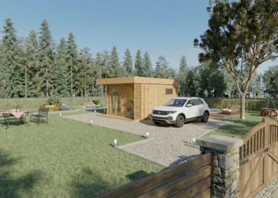Moderna casa de madera rectangular con coche aparcado en entorno natural - DSAVIA
