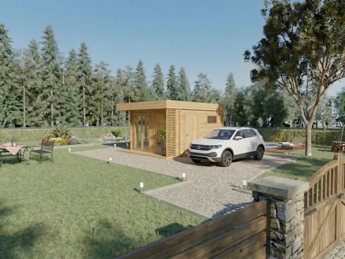 Moderna casa de madera rectangular con coche aparcado en entorno natural - DSAVIA