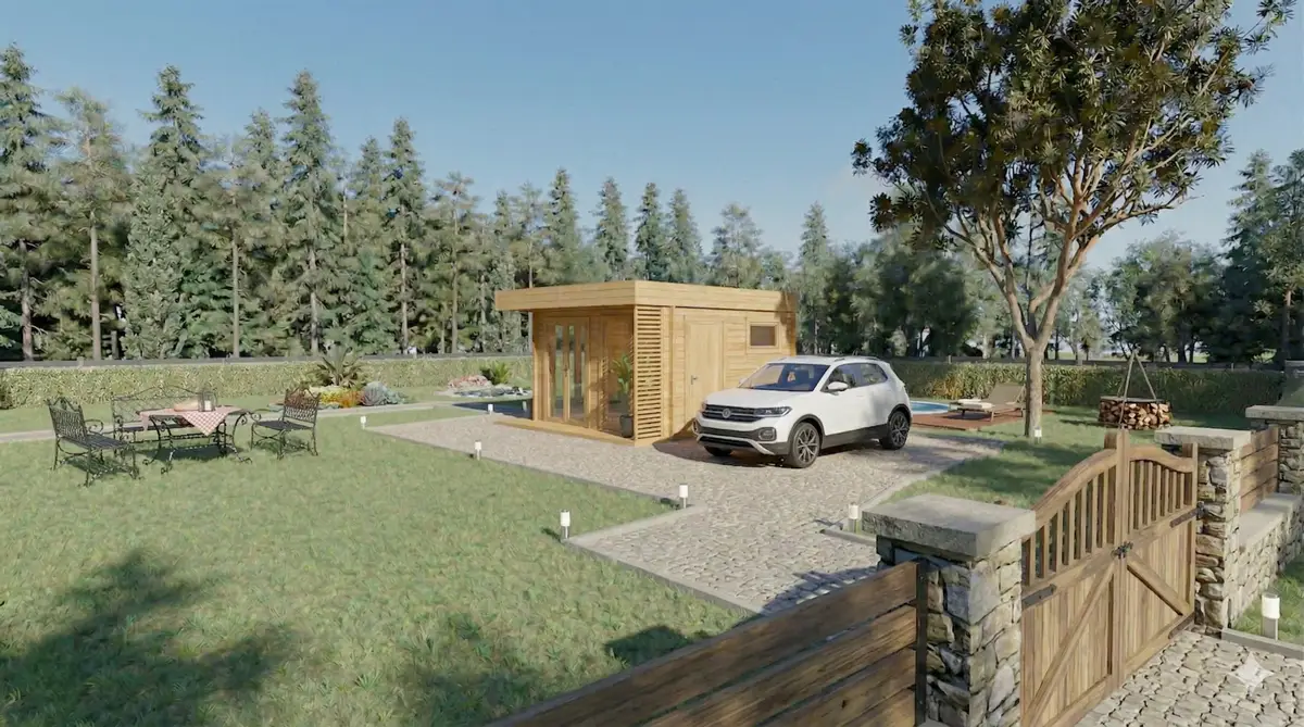 Moderna casa de madera rectangular con coche aparcado en entorno natural - DSAVIA