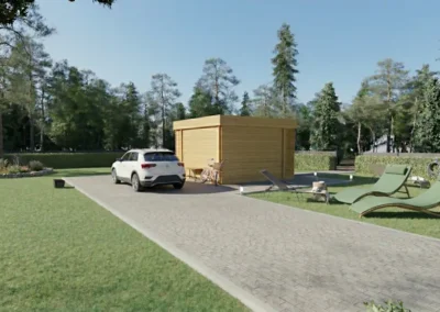 Casa de madera moderna con coche aparcado y jardín - DSAVIA