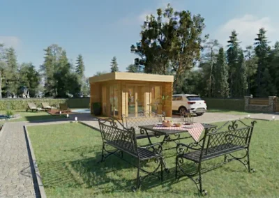 Casa de madera moderna en jardín con terraza y muebles de exterior - DSAVIA