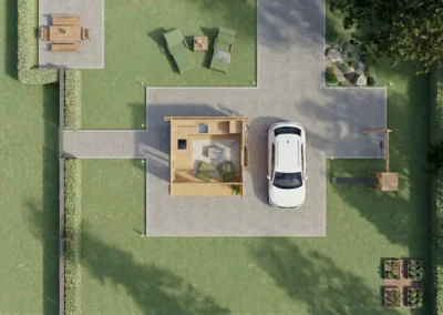 Vista aérea de casa de madera moderna con garaje y jardín - DSAVIA