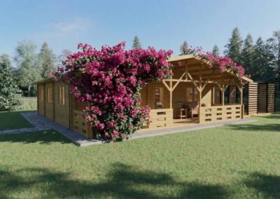 Casa de madera con porche, flores magenta y entorno natural - DSAVIA