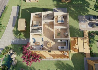 Plano superior casa de madera moderna con distribución interior y jardín - DSAVIA