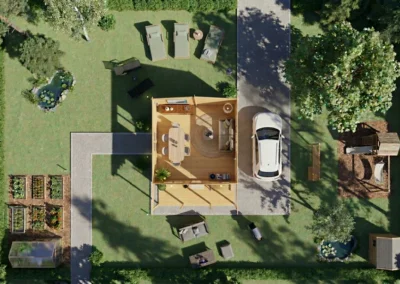 Vista aérea de casa de madera con garaje, jardín y diseño interior - DSAVIA
