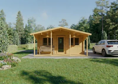 Casa de madera moderna con porche y garaje, rodeada de árboles - DSAVIA