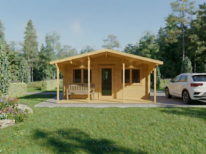 Casa de madera moderna con porche y garaje, rodeada de árboles - DSAVIA
