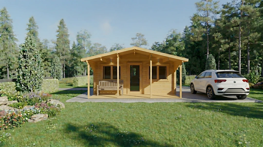 Casa de madera moderna con porche y garaje, rodeada de árboles - DSAVIA