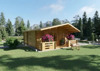 Casa de madera moderna con porche y flores, rodeada de árboles - DSAVIA