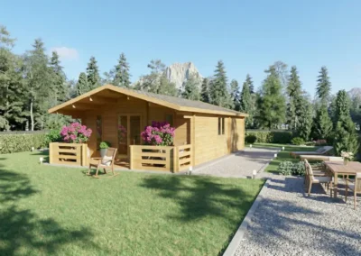 Casa de madera moderna con porche y terraza en jardín - DSAVIA