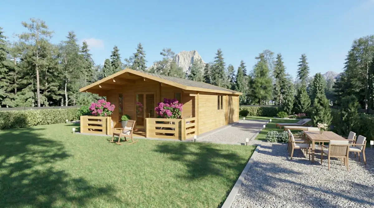 Casa de madera moderna con porche y terraza en jardín - DSAVIA