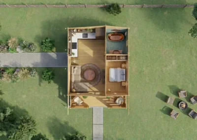 Vista aérea de casa de madera modular con distribución interior y jardín - DSAVIA