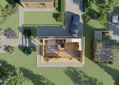Casa de madera moderna con terraza, vista aérea del jardín y entrada - DSAVIA