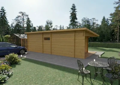 Casa de madera moderna con terraza y porche en jardín - DSAVIA