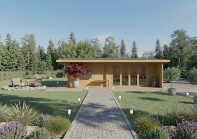 Casa de madera moderna con fachada acristalada y jardín paisajístico - DSAVIA
