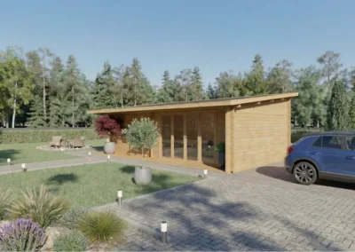 Casa de madera moderna con coche aparcado y jardín paisajístico - DSAVIA