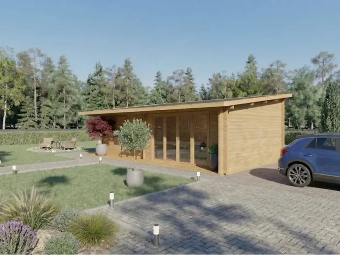 Casa de madera moderna con coche aparcado y jardín paisajístico - DSAVIA