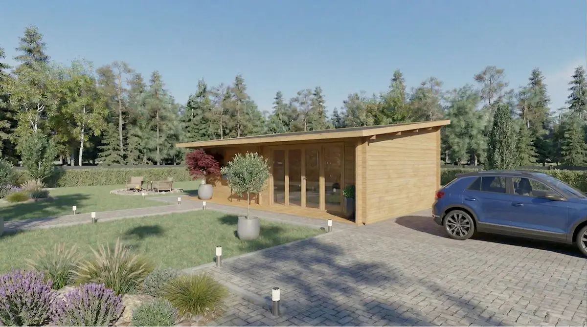 Casa de madera moderna con coche aparcado y jardín paisajístico - DSAVIA