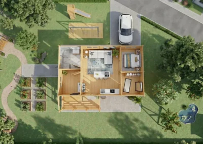 Vista aérea de casa de madera moderna con distribución interior y jardín - DSAVIA