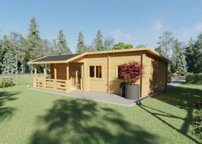 Casa de madera moderna con porche y jardín rodeada de árboles - DSAVIA