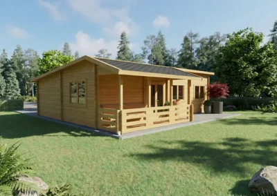 Casa de madera moderna con porche y terraza en jardín verde - DSAVIA