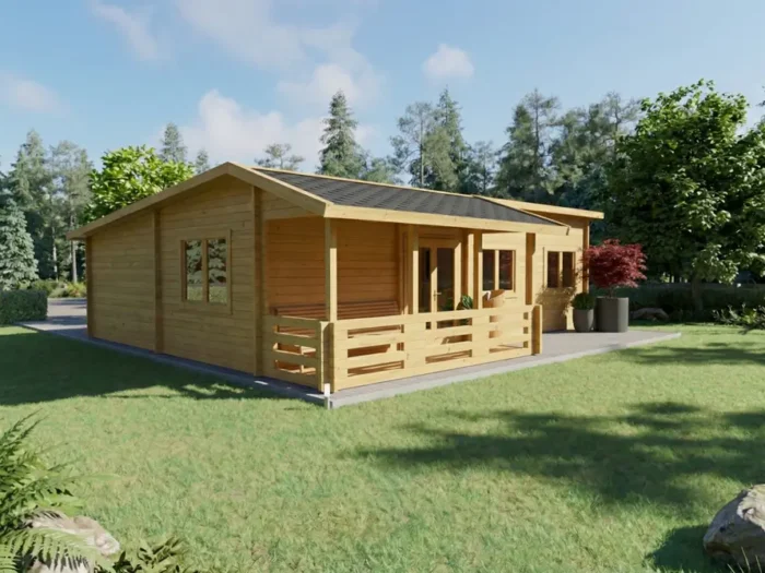 Casa de madera moderna con porche y terraza en jardín verde - DSAVIA