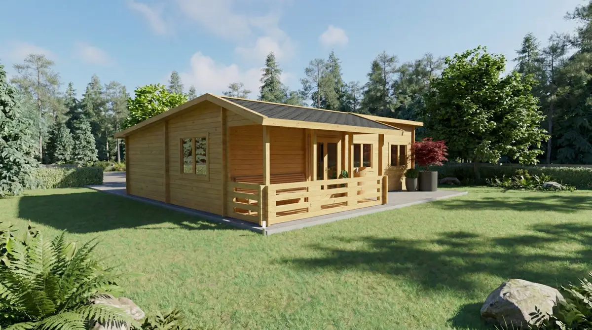 Casa de madera moderna con porche y terraza en jardín verde - DSAVIA