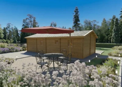 Casa de madera moderna con terraza y sombrilla en jardín paisajístico - DSAVIA