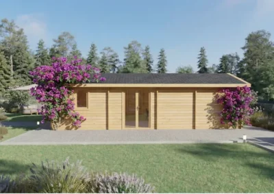 Casa de madera moderna con fachada de madera clara y flores magenta - DSAVIA