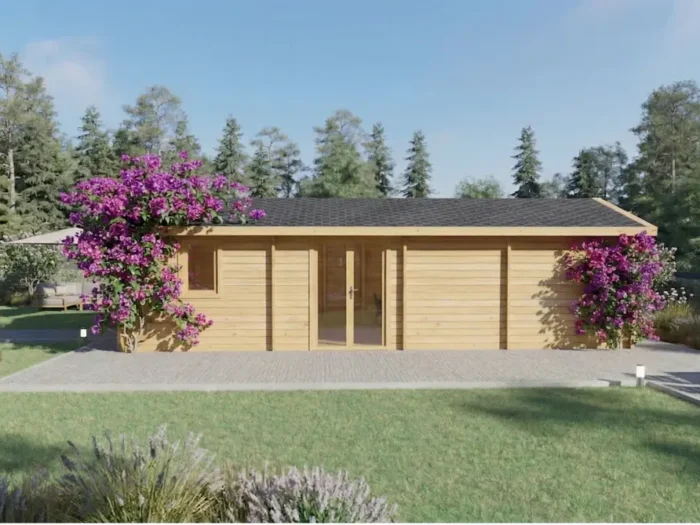 Casa de madera moderna con fachada de madera clara y flores magenta - DSAVIA