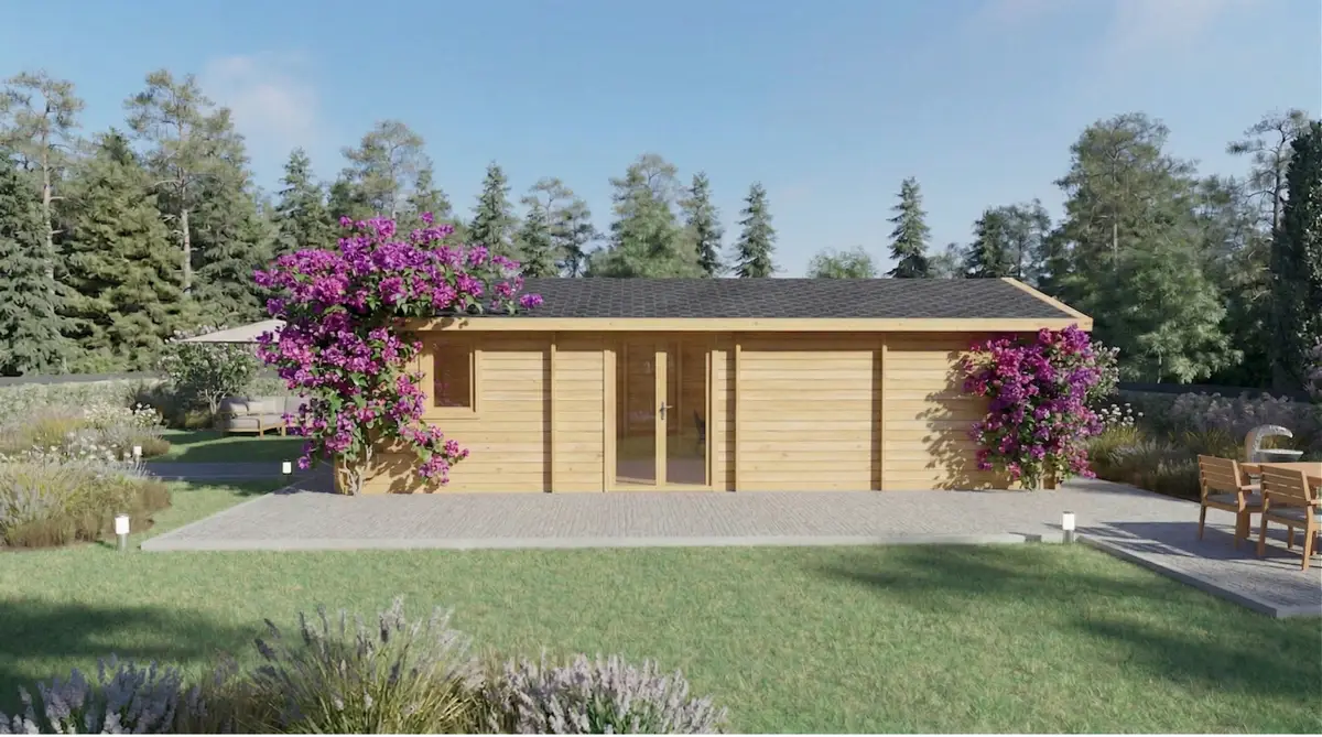 Casa de madera moderna con fachada de madera clara y flores magenta - DSAVIA