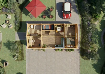 Vista aérea de casa de madera modular con terraza, jardín y porche - DSAVIA