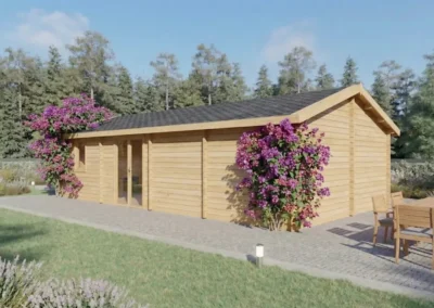 Casa de madera moderna con fachada clara, flores púrpuras y porche - DSAVIA