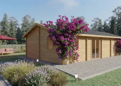 Casa de madera moderna con fachada clara, flores magenta y zona ajardinada - DSAVIA