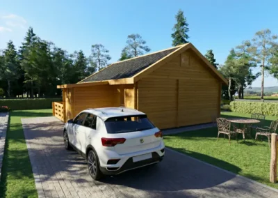 Casa de madera moderna y coche aparcado - DSAVIA