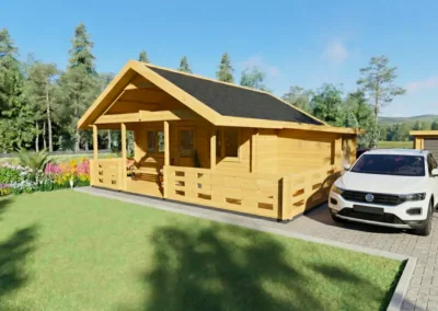 Casa de madera amarilla con porche y coche aparcado, rodeada de jardín y árboles - DSAVIA