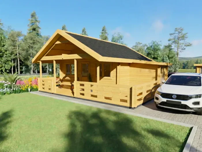 Casa de madera amarilla con porche y coche aparcado, rodeada de jardín y árboles - DSAVIA