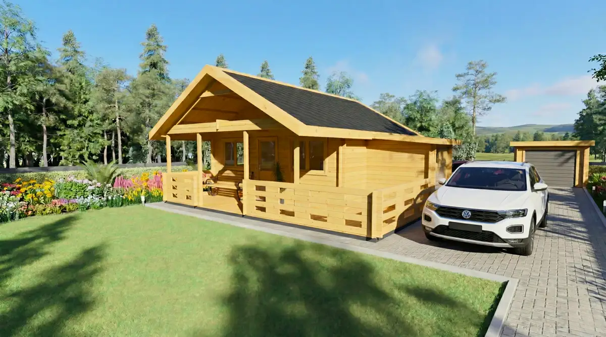 Casa de madera amarilla con porche y coche aparcado, rodeada de jardín y árboles - DSAVIA