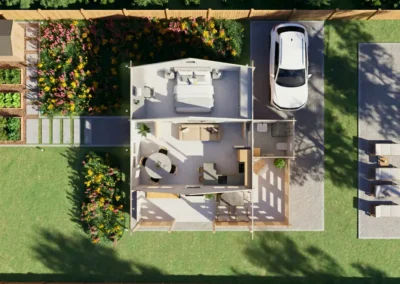 Vista aérea de casa de madera moderna con jardín, piscina y distribución interior - DSAVIA