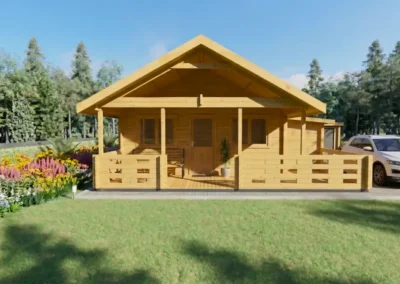 Casa de madera con porche, jardín y coche aparcado- DSAVIA