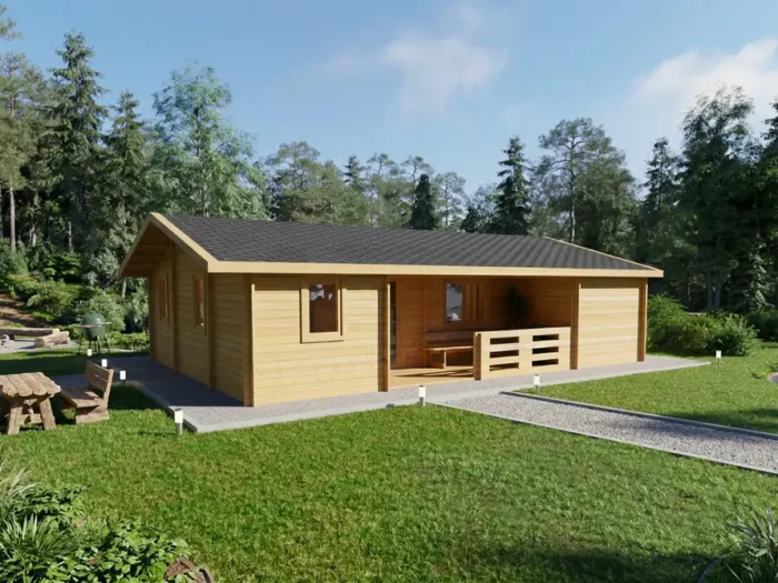 Casa de madera moderna con porche y terraza en jardín natural - DSAVIA