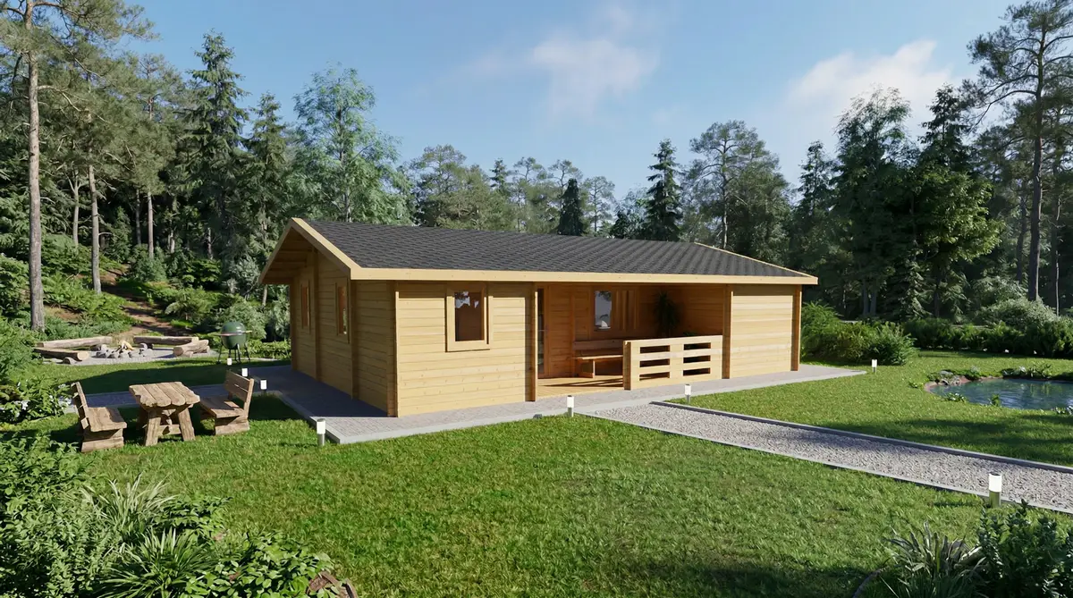 Casa de madera moderna con porche y terraza en jardín natural - DSAVIA