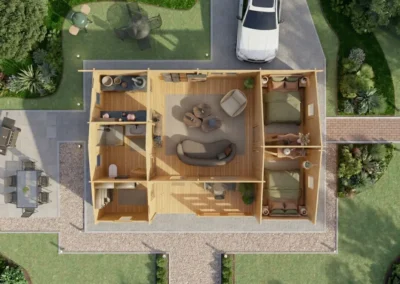 Vista aérea de casa de madera moderna con distribución interior y jardín - DSAVIA