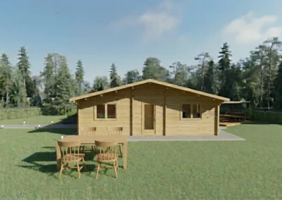 Casa de madera moderna en pradera con porche y mobiliario exterior - DSAVIA