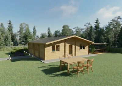 Casa de madera prefabricada con terraza y porche en jardín - DSAVIA