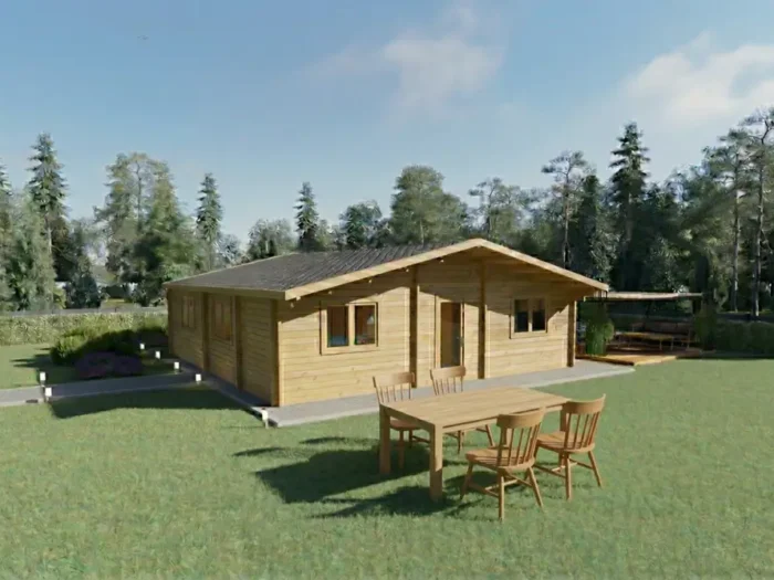 Casa de madera prefabricada con terraza y porche en jardín - DSAVIA