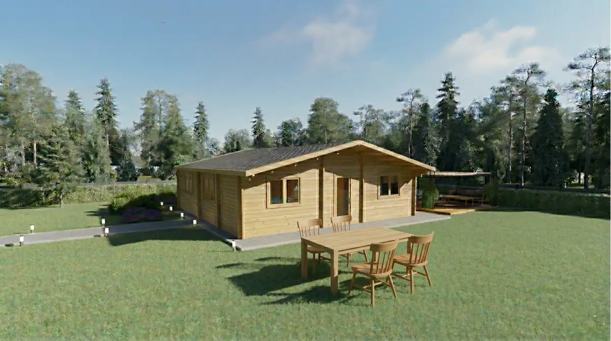 Casa de madera prefabricada con terraza y porche en jardín - DSAVIA