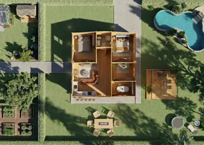 Vista aérea de casa de madera con piscina, jardín y distribución interior - DSAVIA