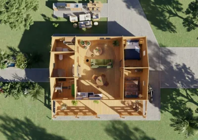 Vista aérea de casa de madera modular con distribución interior y terraza - DSAVIA